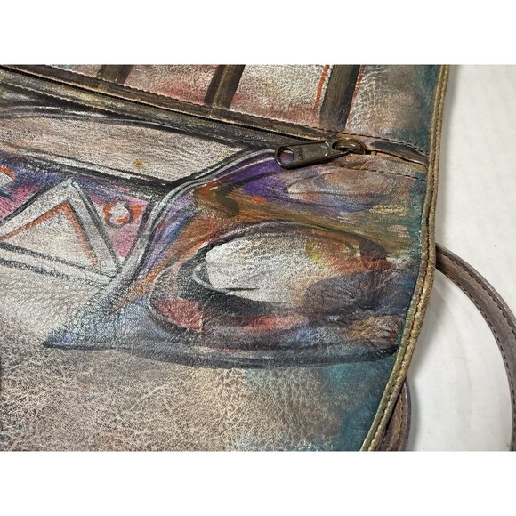 Signed Jane Yoo Purse Hand Painted Leather Crossbody 1980s Abstract Wearable Art - Picture 14 of 16